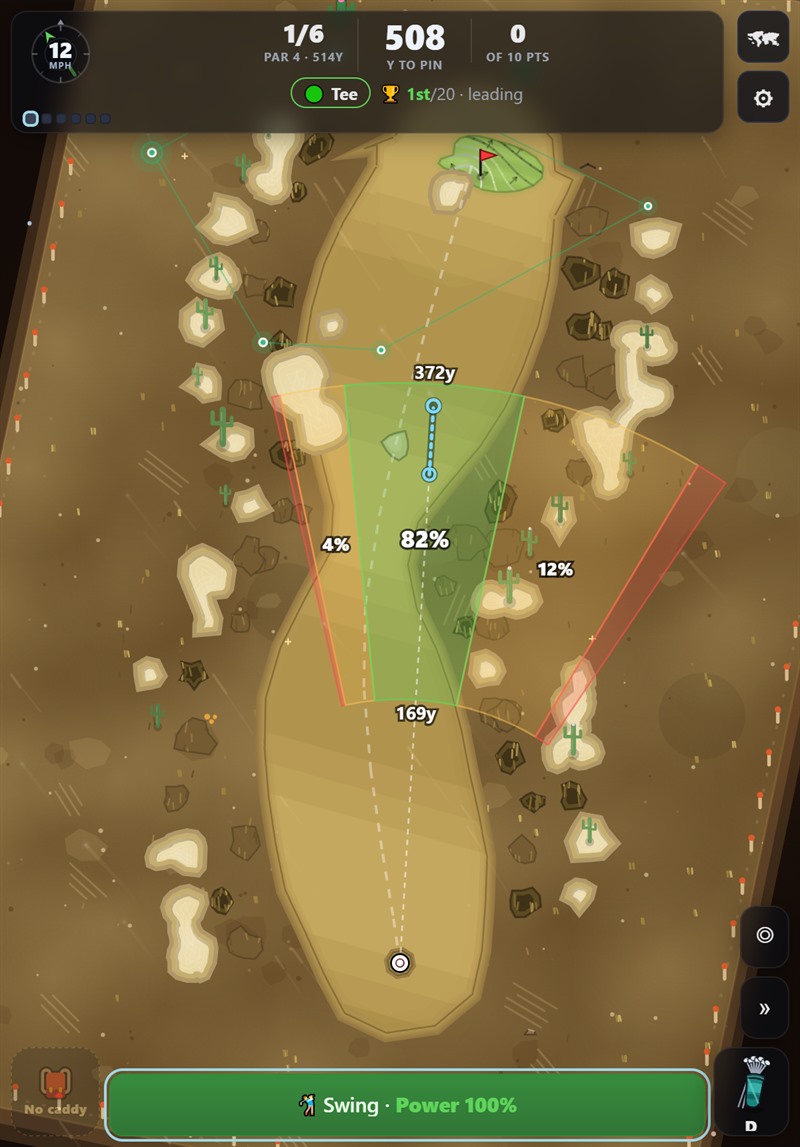 The play screen: a golf hole seen from above with the aim cone opened out from the ball toward the green, a wind compass and yardage readouts along the top.