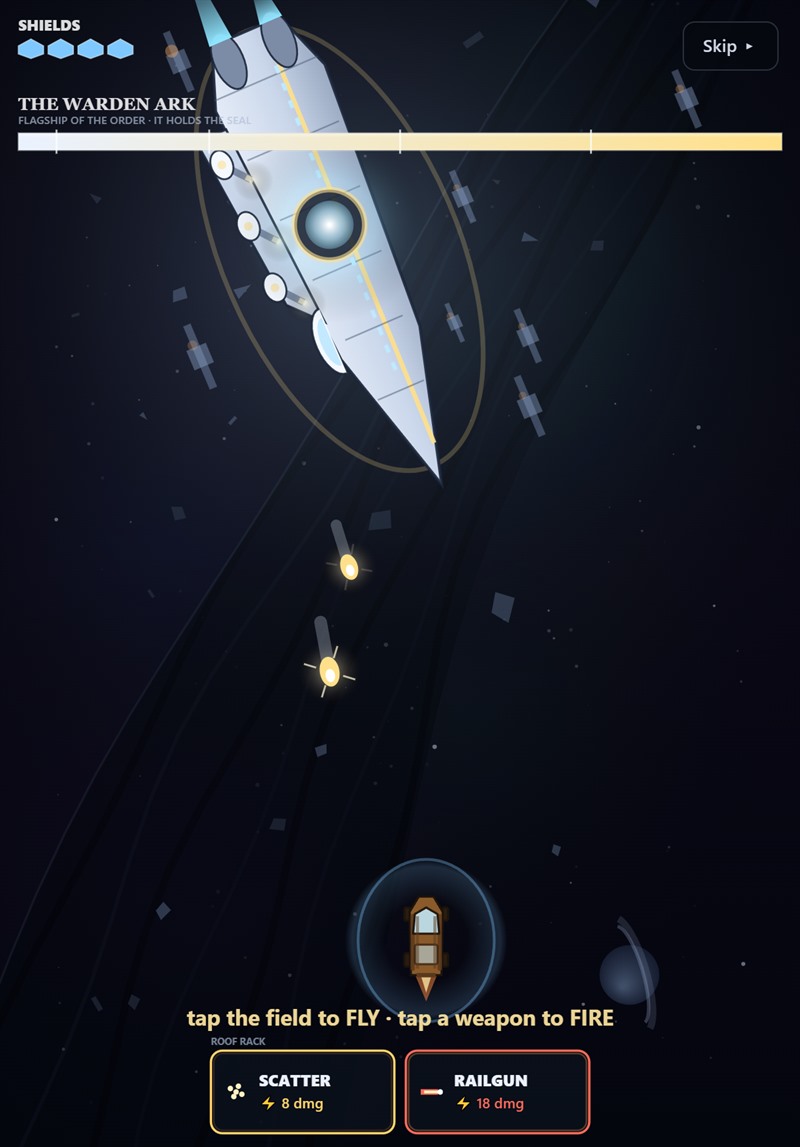 The alternate finale battle: a white and gold capital ship bearing down bow-first through a debris field, torpedoes tracking a small shielded ship below.