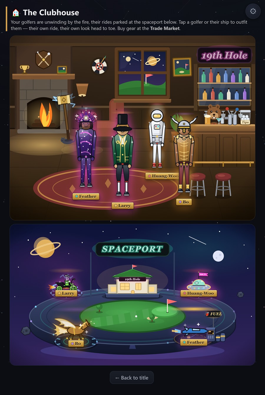 The clubhouse: four golfers in different outfits standing in a lounge with their ships parked behind them.