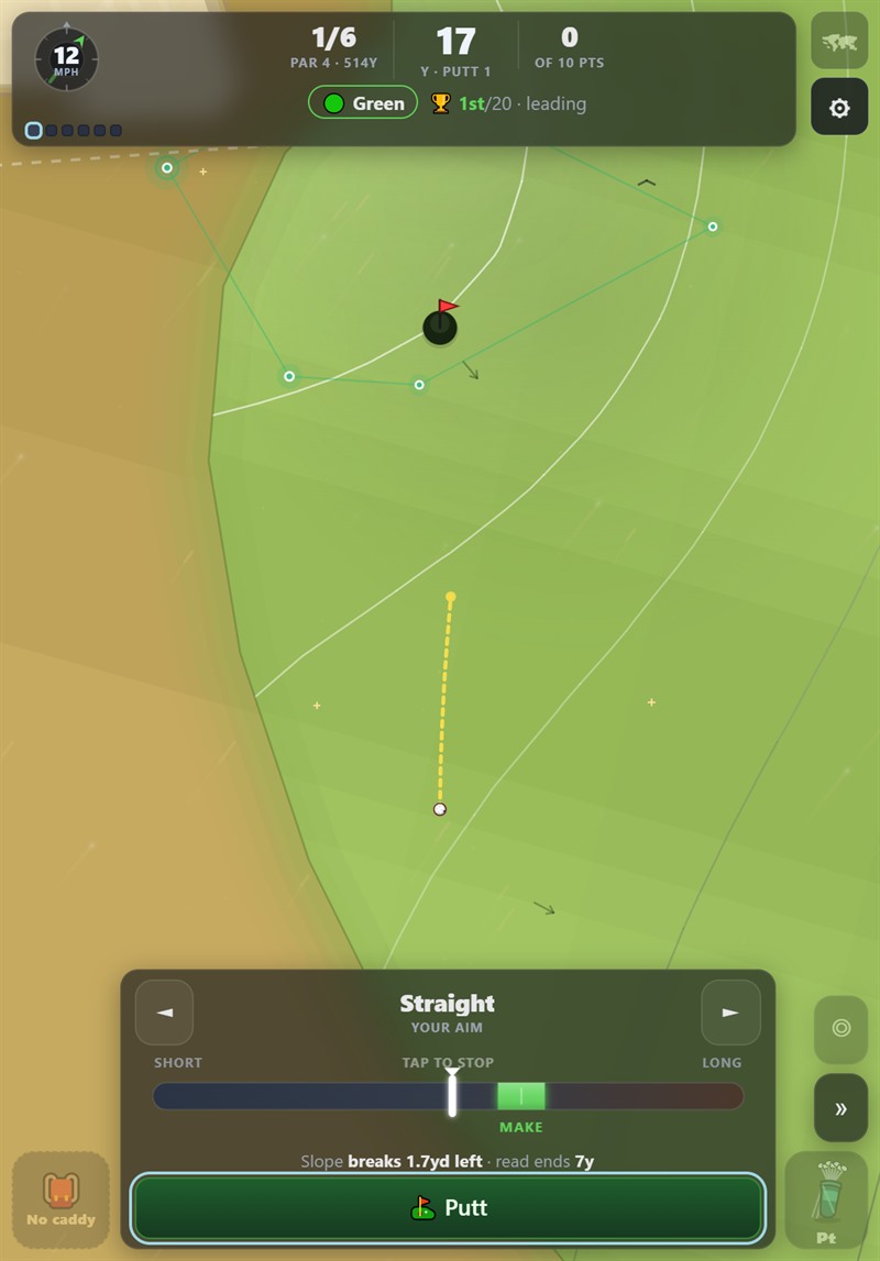 The putting screen: a contoured green with the break line drawn, and a pace meter beneath it.
