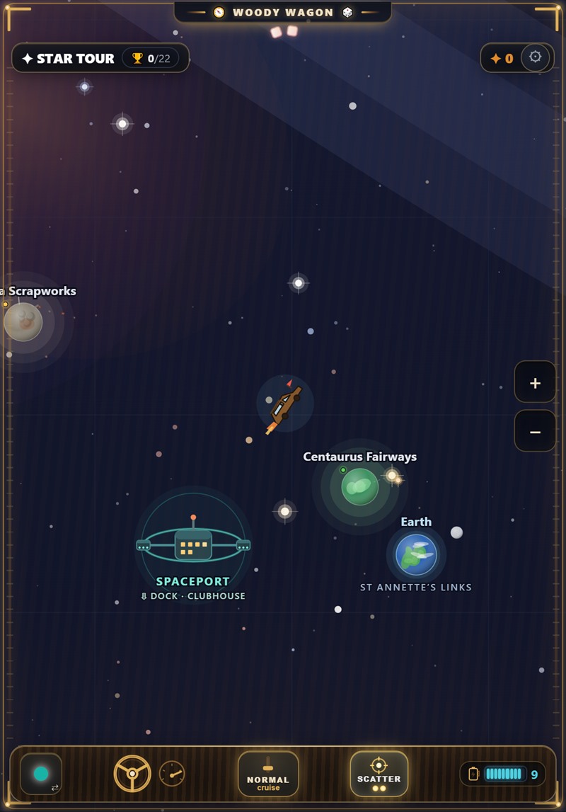 The star map: constellations plotted across deep space with a ship flying between marked worlds.