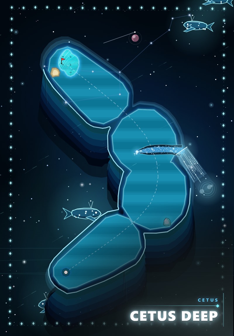 A golf hole on the Cetus star-ocean: a luminous fairway on a cliff shelf floating over dark water.