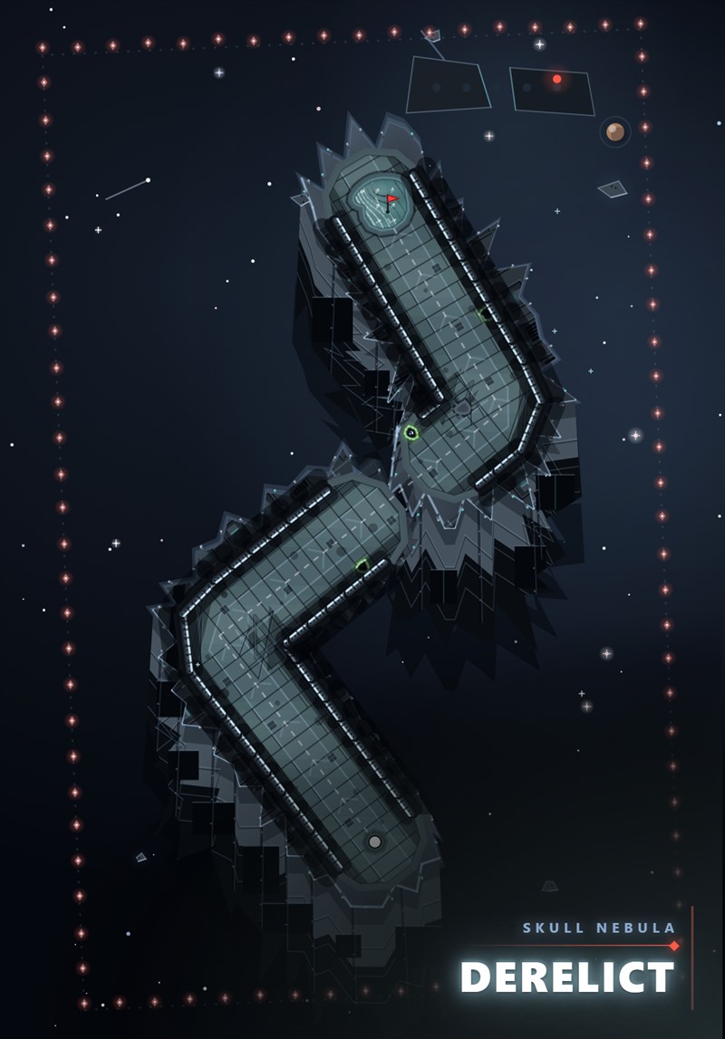 A golf hole inside a derelict generation ship: a straight metal corridor with bulkheads on both sides.